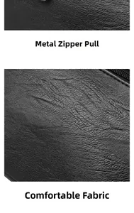 Close-up of premium hardware zipper and textured black leather fabric of the handbag