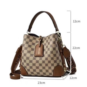 Detailed dimensions of checkered bucket bag with measurements of handle and strap