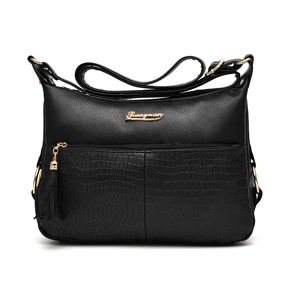 Black large capacity shoulder bag with crocodile embossing and golden metal logo
