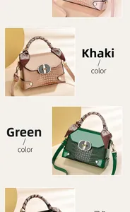 Détail de sacs à main kaki et vert à motif crocodile avec poignées en écharpe de soie