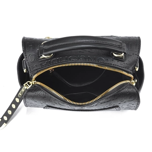 Top view of black textured PU leather handbag showing interior zip pocket and gold hardware