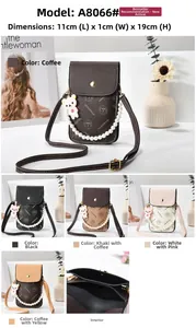 Detail view of mini retro patterned phone bag with pearl chain and bear pendant charm