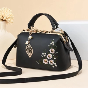 Floral Embroidered Women Shoulder Bag Vintage PU Leather Doctor Handbag With Leaf Artificial Pearl Pendant Elegant Crossbody Bag