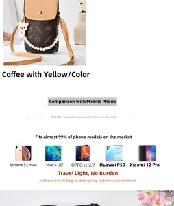 Detail of coffee and yellow crossbody phone bag with pearl chain and bear charm