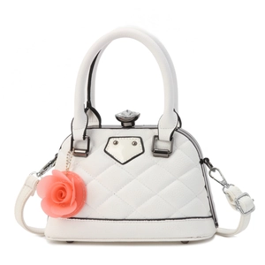 White quilted shell handbag with gemstone lock and pink floral charm for evening parties