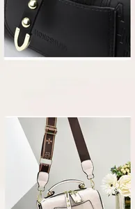 Detail of embossed logo, golden metal zipper and wide woven strap on a stylish handbag