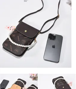 Retro brown monogram crossbody phone bag for 6.7 inch smartphones with pearl handle