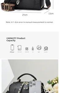 Detailed size chart showing 21cm length for the black embossed Boston bag with internal capacity