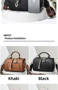 Detail view of embossed leather Boston bag showing size comparison with a phone