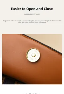 Close-up of golden magnetic buckle on vintage brown lychee leather handbag with detail