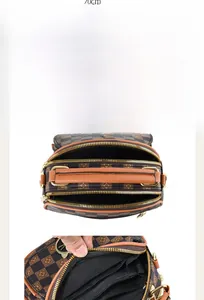 Detail display of brown checkered shoulder bag with multiple layers and 20cm width capacity