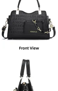 Détail du sac à main noir avec logo HONGSHIJIA gaufré et chaîne en métal doré chic