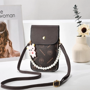 Vintage pattern mini crossbody phone bag with pearl chain and bear pendant