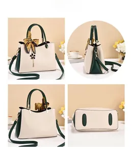 Detail shots of the dual-tone tote bag showing front, side, back, and bottom views