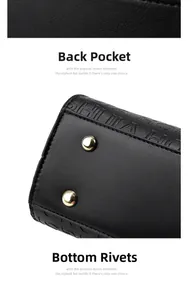 Détails du sac à main en cuir avec gaufrage de lettres, poche arrière et clous dorés