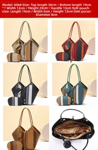 Detailed size chart for the 3-piece striped canvas tote set with small pouch