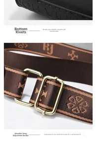 Detail of black leather bag base with metal studs and brown jacquard shoulder strap