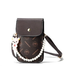 Brown monogram crossbody phone bag with pearl chain and bear charm decoration