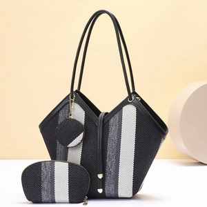 Three-piece tote bag set with black and white woven stripes and gold heart charm detail