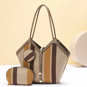 Women Large Capacity Striped Woven Tote Bag 3 Piece Set Fashion PU Leather Patchwork Shoulder Bag Handbag With Pouch Set