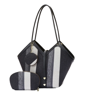 Three-piece fashion handbag set with black and white vertical stripes woven texture tote