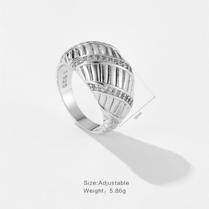 Adjustable silver croissant ring with zircon inlay and ribbed texture for women