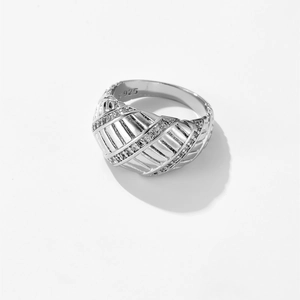 Minimalist 925 sterling silver ring with croissant design and micro-pave cubic zirconia