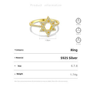 Detaillierte S925 Sterlingsilber Stern Ring Größentabelle mit Maßen und Gewicht