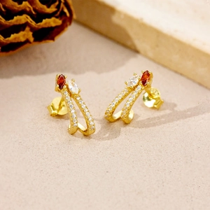 Elegant gold plated S925 silver stud earrings with marquise zircon and curved crystals