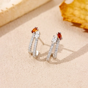 S925 sterling silver zircon double-layer curved stud earrings with amber marquise stone