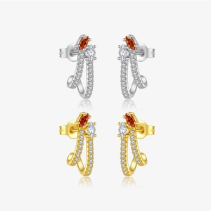 S925 Sterling Silver Zirconia Stud Earrings For Women Double Curve Design With Marquise Cut Orange White Gemstones Jewelry