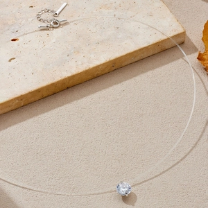 925 silver mermaid tear invisible necklace with clear round zircon pendant on thin cord
