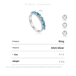 Tableau détaillé des tailles pour bague en argent S925 avec dimensions de pierre bleue