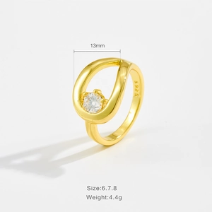 S925 sterling silver hollow ring with asymmetric twist and central clear zircon stone
