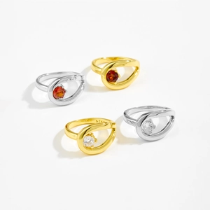 Minimalist S925 silver hollow teardrop rings with red and clear gemstone stones