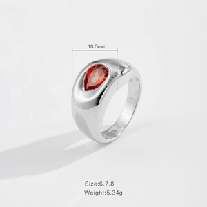 Vintage 18K gold plated ring with pear-cut red zircon and S925 engraved band