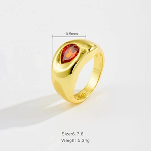 18K gold plated S925 silver ring featuring a pear-cut ruby zircon stone and 10.5mm wide band