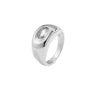 Polished 925 sterling silver wide band ring with an inset pear-cut sparkling zircon stone