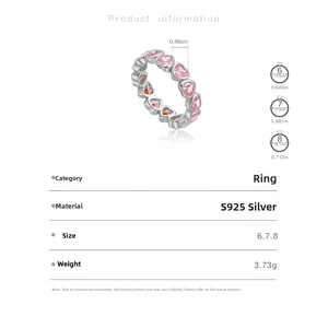 Detailed size chart for S925 silver heart ring with inner diameter and width measurements