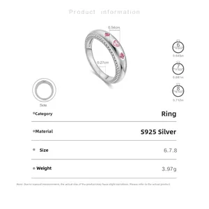 Detailed size specifications of S925 silver ring featuring pink heart-shaped gemstone