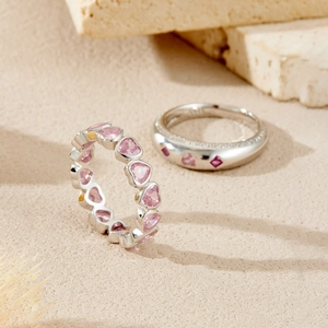 S925 sterling silver heart-shaped pink crystal ring set on a natural stone base