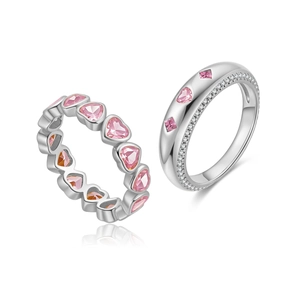 S925 sterling silver heart rings with pink zircon stones and pave set white diamonds