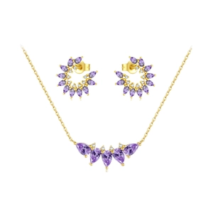 Elegantes S925 Silber Vergoldetes Schmuckset mit lila Zirkonia Anhänger und Ohrringen