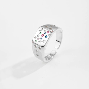 Anello Aperto Regolabile in Argento Sterling 925 per Donna Zirconia Colorata Intarsiata Stella Luna Cavo Gioielli Moda Regalo