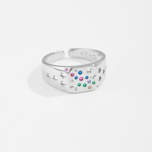 Anello regolabile in argento S925 con zirconi colorati e incisioni di luna e stelle