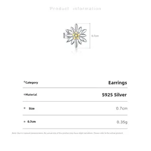 Detail view of S925 sterling silver daisy stud earrings with yellow gemstone centers