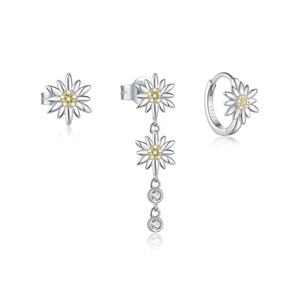 S925 sterling silver daisy earring set featuring stud, hoop, and drop styles with zircon