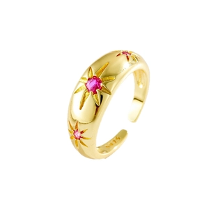 Bague ajustable en argent S925 doré avec motif étoile et zircons roses fins