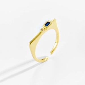 Adjustable gold plated open ring with rectangular blue stone and zircon inlay