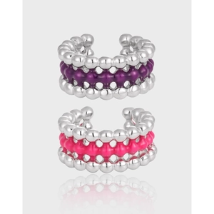 Orecchino a Polsino E Anello in Argento Sterling S925 Perline Multistrato Smalto Viola Rosa Rosso Gioielli Senza Buco